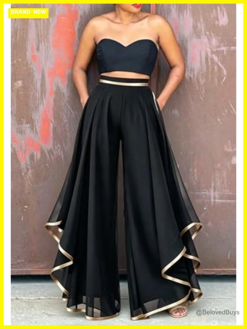 Chiffon Flowy Wide Leg Dress Pants Gold Trim High Waisted Business Trousers - Picture 2 of 6